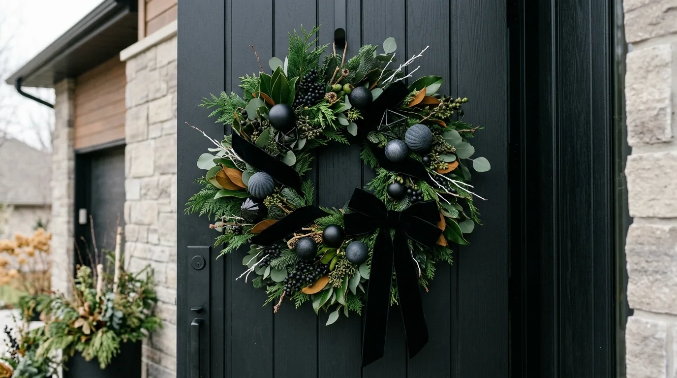 Try a slimmer wreath form for a lighter architectural look inspiration for a front door wreath display.